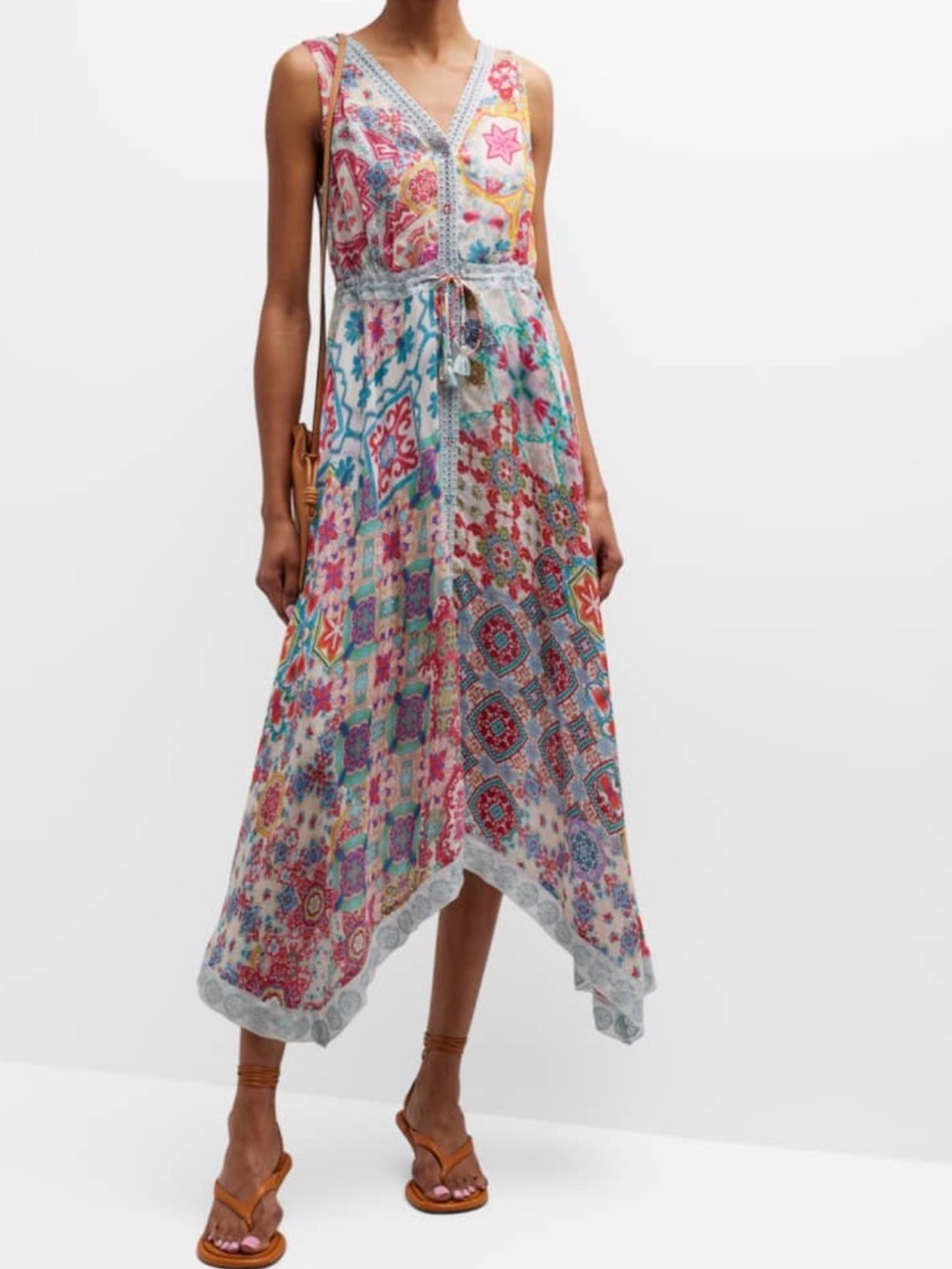Johnny Was Multicolor Patchwork Handkerchief-Hem Maxi Dress